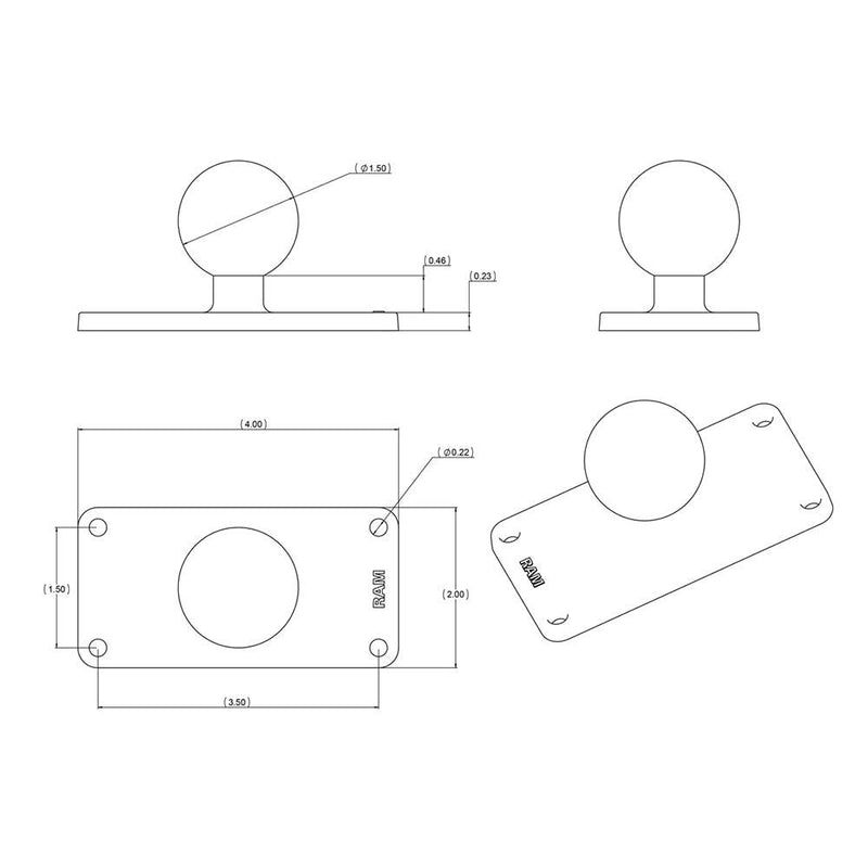 RAM Mount 2" x 4" Rectangle Base w/1.5" Ball [RAM-202U-24] - Essenbay Marine