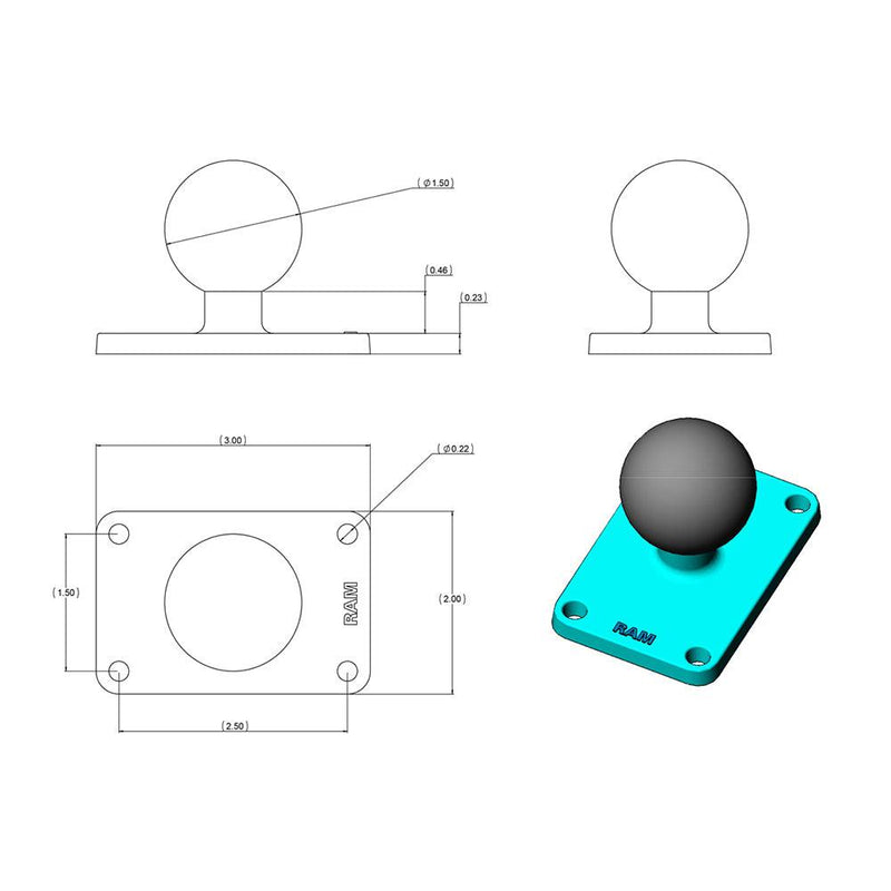 RAM Mount 2" x 3" Rectangle Base w/1.5" Ball [RAM-202U-23] - Essenbay Marine