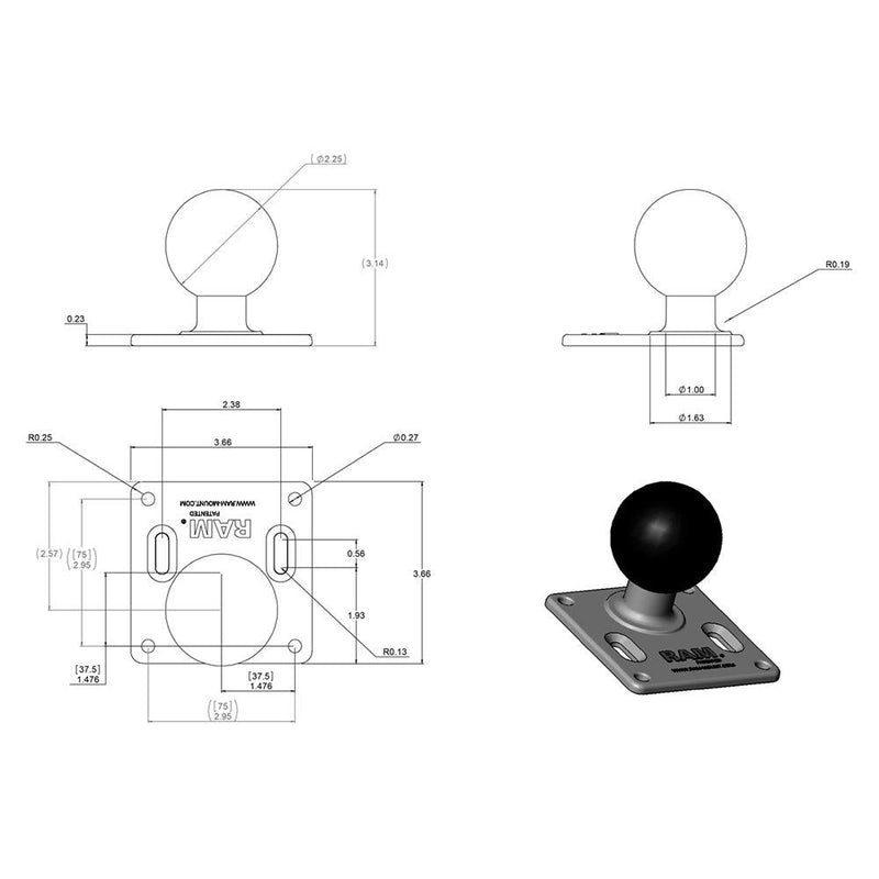 RAM Mount 75mm x 75mm VESA 3.625" Plate w/2.25" D Size Ball [RAM-D-2461U] - Essenbay Marine