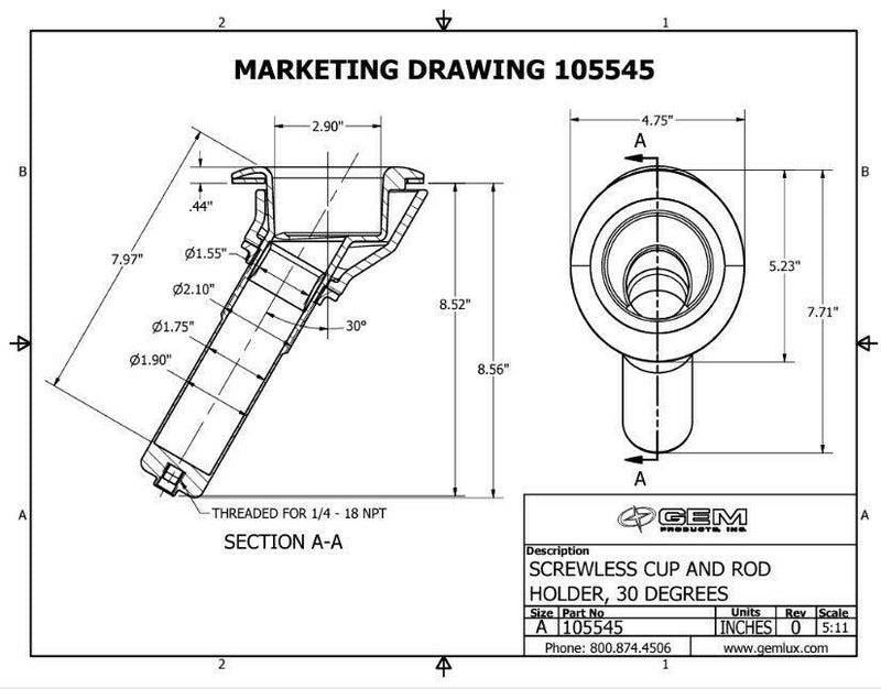 GEMLUX Screwless Cup Fishing Rod Holder 30º Essenbay Marine