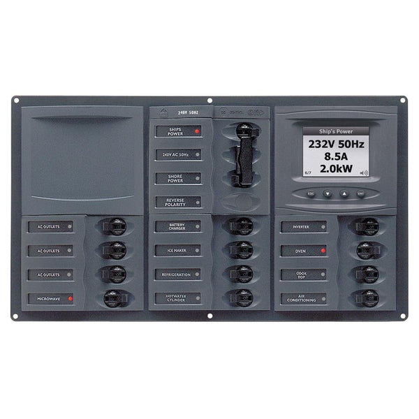BEP AC Circuit Breaker Panel w/Digital Meters, 12SP 2DP AC230V ACSM Stainless Steel Horizontal [900-AC3-ACSM] - Essenbay Marine