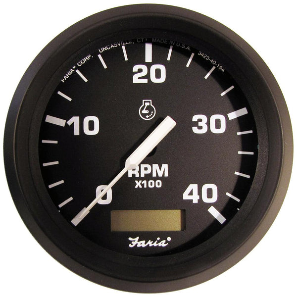 Faria Euro Black 4" Tachometer w/Hourmeter (4000 RPM) (Diesel)(Mech. Takeoff  Var. Ratio Alt.) [32834] - Essenbay Marine