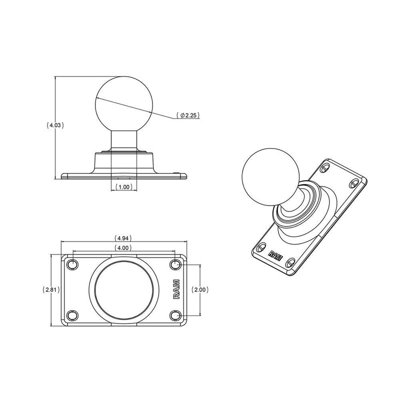 RAM Mount 50mm x 100mm Half VESA Plate Adapter w/D Size 2.25" Ball [RAM-D-243U] - Essenbay Marine