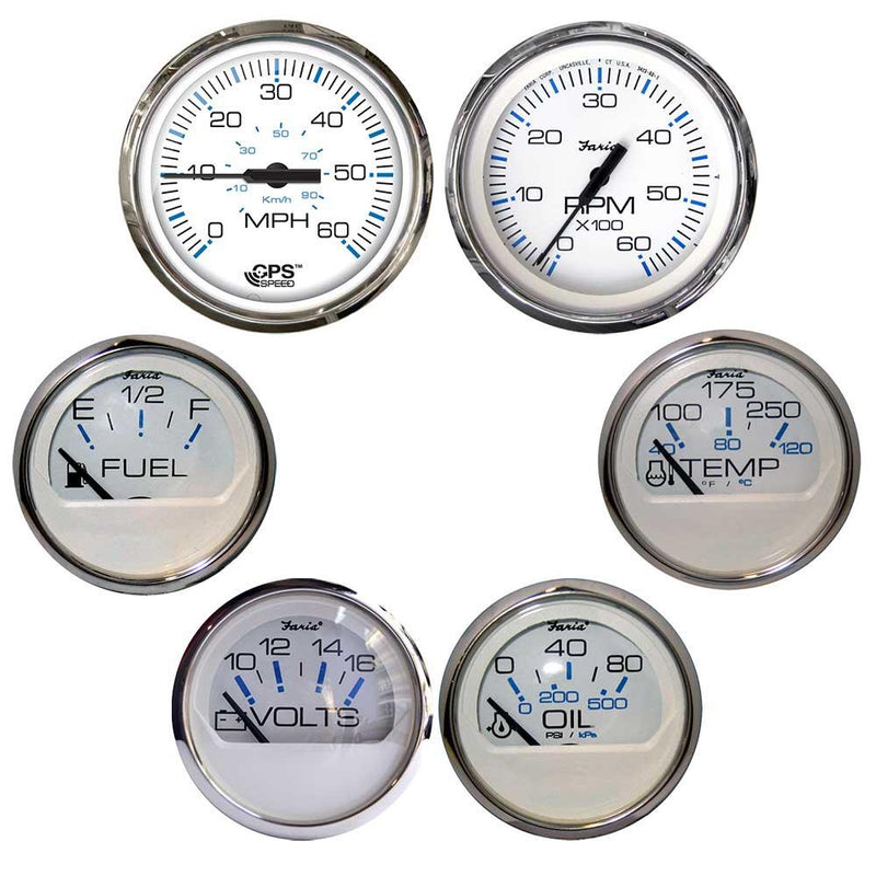 Faria Chesapeake White w/Stainless Steel Bezel Boxed Set of 6 - Speed, Tach, Fuel Level, Voltmeter, Water Temperature  Oil PSI - Inboard Motors [KTF063] - Essenbay Marine