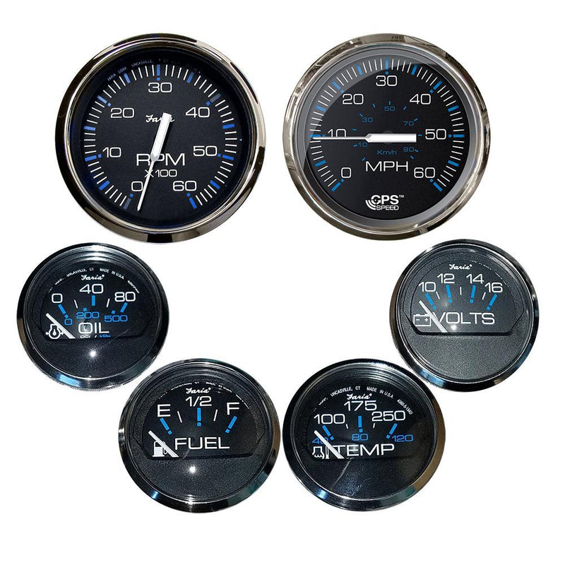 Faria Chesapeake Black w/Stainless Steel Bezel Boxed Set of 6 - Speed, Tach, Fuel Level, Voltmeter, Water Temperature  Oil PSI - Inboard Motors [KTF064] - Essenbay Marine