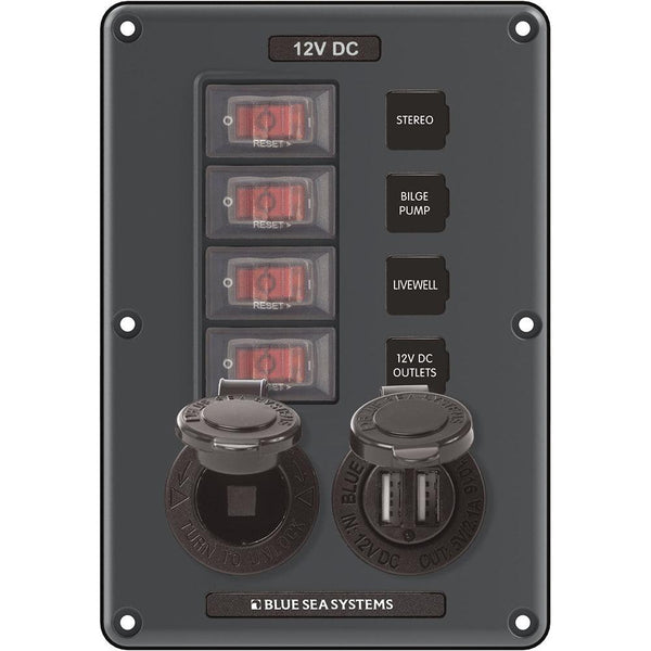 Blue Sea 4321 Circuit Breaker Switch Panel 4 Position - Gray w/12V Socket  Dual USB [4321] - Essenbay Marine