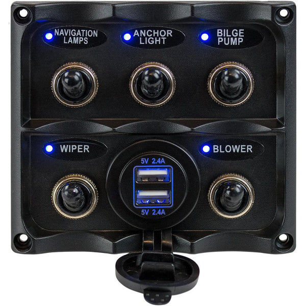 Sea-Dog Water Resistant Toggle Switch Panel w/USB Power Socket - 5 Toggle [424617-1] - Essenbay Marine