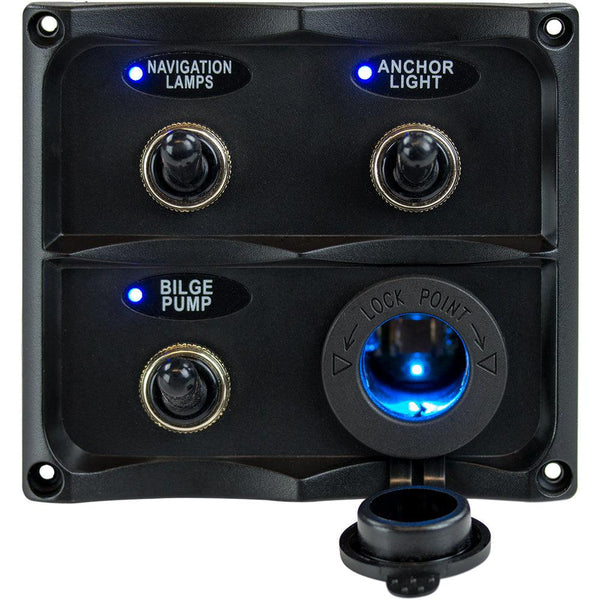 Sea-Dog Water Resistant Toggle Switch Panel w/LED Power Socket - 3 Toggle [424623-1] - Essenbay Marine