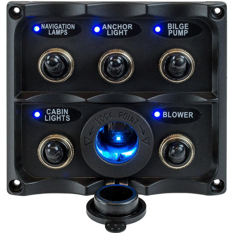 Sea-Dog Water Resistant Toggle Switch Panel w/LED Power Socket - 5 Toggle [424627-1] - Essenbay Marine