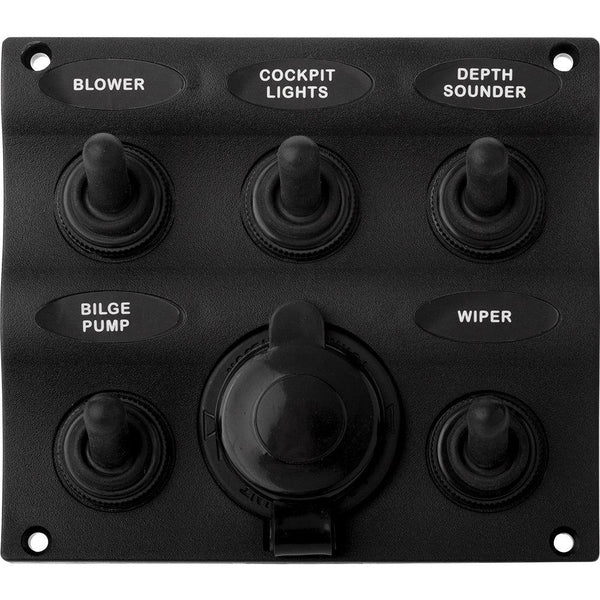 Sea-Dog Nylon Switch Panel - Water Resistant - 5 Toggles w/Power Socket [424605-1] - Essenbay Marine