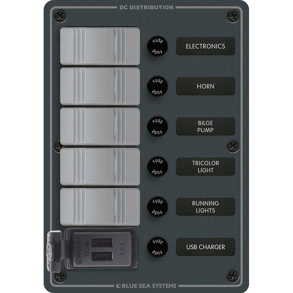 Blue Sea 8121 - 5 Position Contura Switch Panel w/Dual USB Chargers - 12/24V DC - Black [8121] - Essenbay Marine