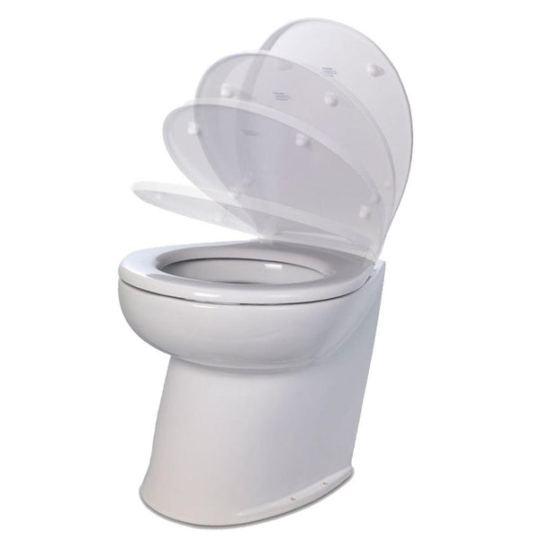 Jabsco Deluxe Flush 17" Angled Back 12V Raw Water Electric Marine Toilet w/Remote Rinse Pump  Soft Close Lid [58220-3012] - Essenbay Marine