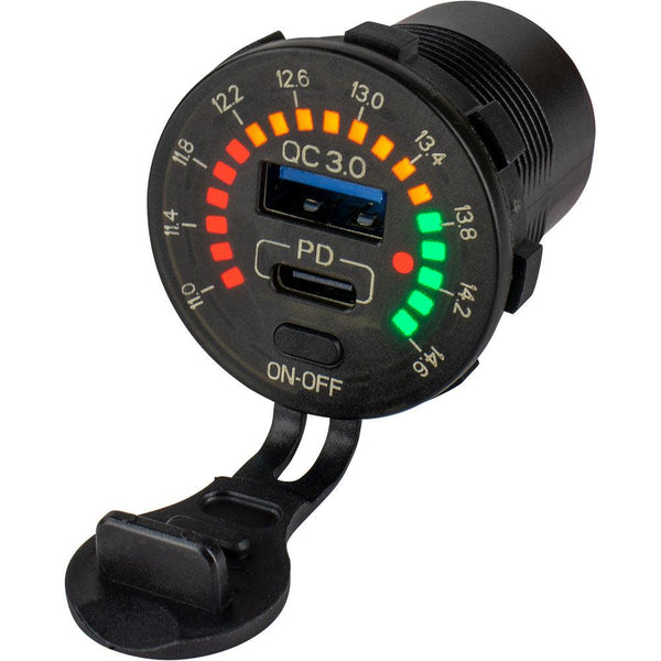 Sea-Dog Round Rainbow Voltmeter w/USB  USB-C Power Socket [426519-1] - Essenbay Marine