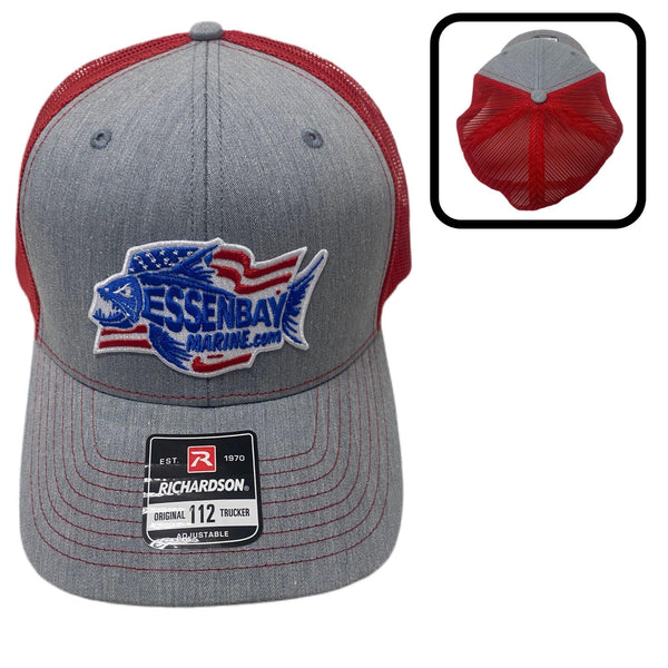 Essenbay Marine Heather Gray & Red Trucker Cap / Hat with Flag & Logo Patch - Essenbay Marine