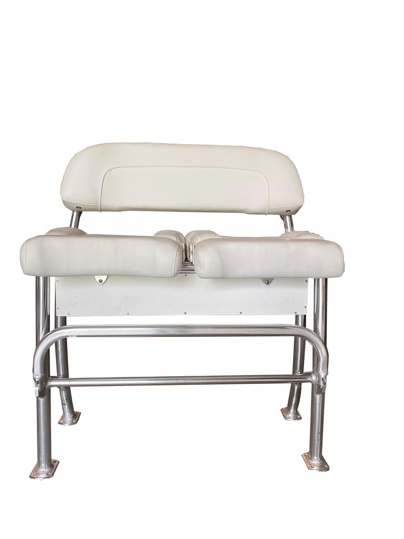 White Leaning Post with Flip Up Bolster Seats & Tackle / Storage Box - Essenbay Marine