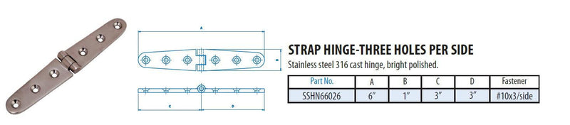 Marine Hardware Strap Hinge 316 Cast SS 6" X 1" SSHN66026 - Essenbay Marine