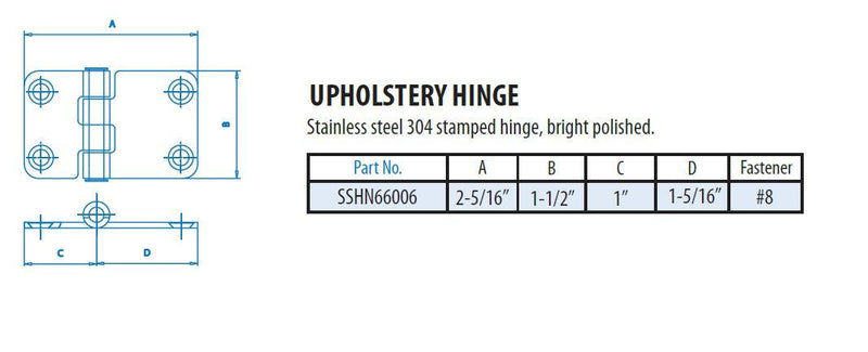 SS Upholstery Hinge 2-5/16" x 1-1/2" SSHN66006 - Essenbay Marine