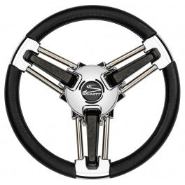 Schmitt Steering Wheel Burano 14" Black Polyurethane Stainless Steel Spokes Model PU1051B1-04 - Essenbay Marine