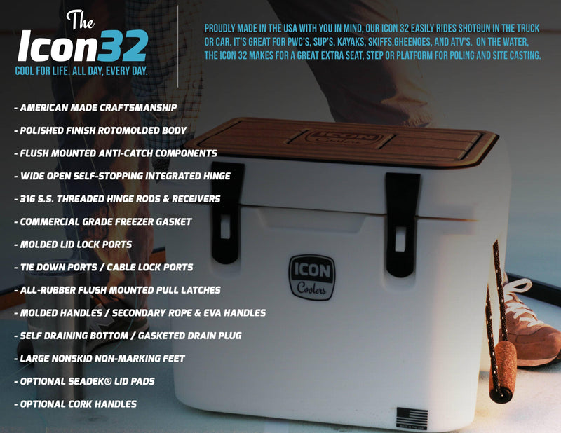 Icon Coolers 32qt. Ice White, Storm Gray, Carolina Blue & Aqua Mist Blue - Essenbay Marine